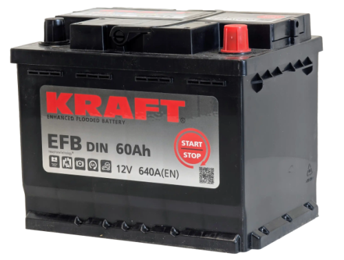 Фото Аккумулятор KRAFT EFB 60 Ач, 640 А, 12 v, Обратная R+ (0), DIN L2, B13