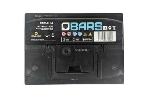Фото Аккумулятор BARS Premium 64 Ач, 620 А, 12 v, Обратная R+ (0), DIN L2, B13