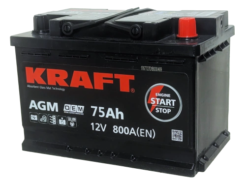 Фото Аккумулятор KRAFT AGM 75 Ач, 800 А, 12 v, Обратная R+ (0), DIN L3, B13