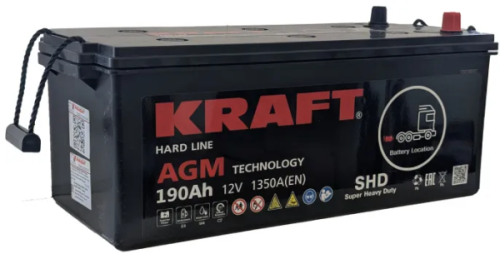 Аккумулятор KRAFT AGM 190 Ач, 1350 А, 12 v, Обратная L+ (3) euro, D5 (B), B00 фото