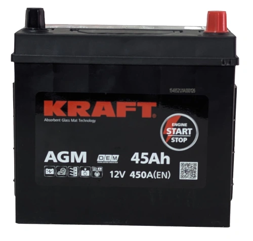 Фото Аккумулятор KRAFT AGM 45 Ач, 450 А, 12 v, Обратная R+ (0), JIS B24, B00