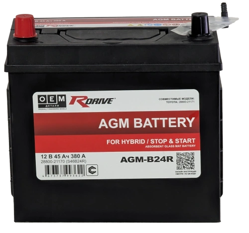 Фото Аккумулятор RDrive AGM Asia 45Ач, 380 А, Прямая L+ (1), JIS B24, B00