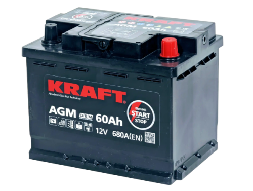 Фото Аккумулятор KRAFT AGM 60 Ач, 680 А, 12 v, Обратная R+ (0), DIN L2, B13