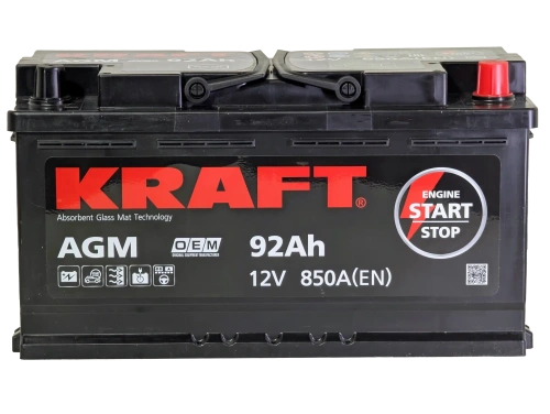 Фото Аккумулятор KRAFT AGM 92 Ач, 850 А, 12 v, Обратная R+ (0), DIN L5, B13