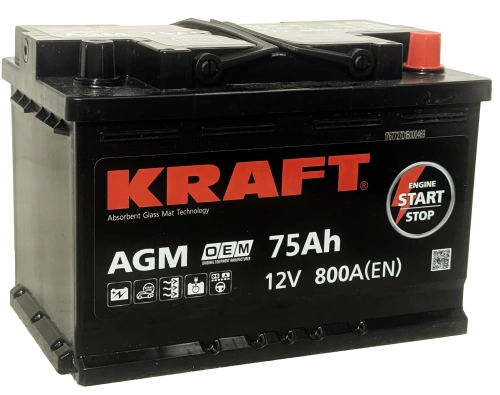 Фото Аккумулятор KRAFT AGM 75 Ач, 800 А, 12 v, Обратная R+ (0), DIN L3, B13