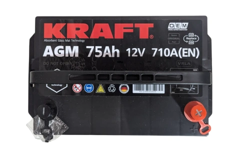 Фото Аккумулятор KRAFT AGM Asia 75 Ач, 710 А, 12 v, Обратная (R+), JIS D26
