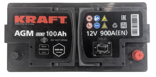 Фото Аккумулятор KRAFT AGM 100 Ач, 900 А, 12 v, Обратная R+ (0), DIN L5, B13