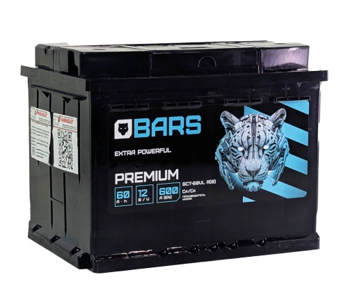Фото Аккумулятор BARS Premium 60 Ач, 600 А, 12 v, Обратная R+ (0), DIN L2, B13