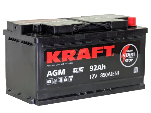 Фото Аккумулятор KRAFT AGM 92 Ач, 850 А, 12 v, Обратная R+ (0), DIN L5, B13