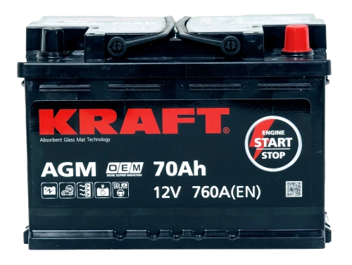 Фото Аккумулятор KRAFT AGM 70 Ач, 760 А, 12 v, Обратная R+ (0), DIN L3, B13