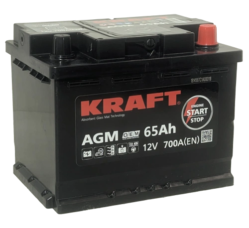 Фото Аккумулятор KRAFT AGM 65 Ач, 700 А, 12 v, Обратная R+ (0), DIN L2, B13
