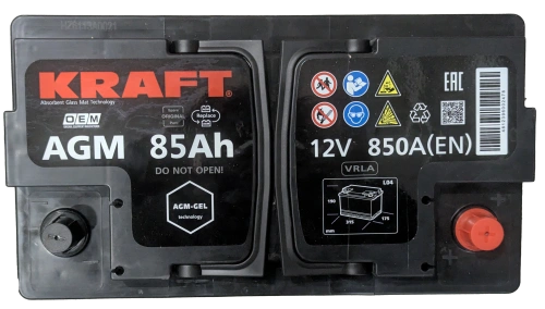 Фото Аккумулятор KRAFT AGM 85 Ач, 850 А, 12 v, Обратная R+ (0), DIN L4, B13