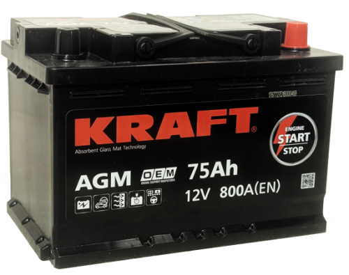 Фото Аккумулятор KRAFT AGM 75 Ач, 800 А, 12 v, Обратная R+ (0), DIN L3, B13