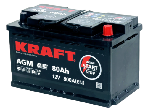 Фото Аккумулятор KRAFT AGM 80 Ач, 800 А, 12 v, Обратная R+ (0), DIN L4, B13