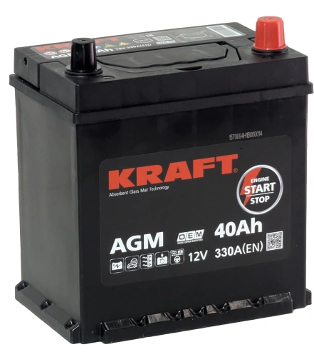 Фото Аккумулятор KRAFT AGM 40 Ач с бортом, 330 А, 12 v, Обратная R+ (0), JIS B19, B00