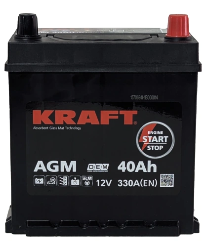 Фото Аккумулятор KRAFT AGM 40 Ач с бортом, 330 А, 12 v, Обратная R+ (0), JIS B19, B00