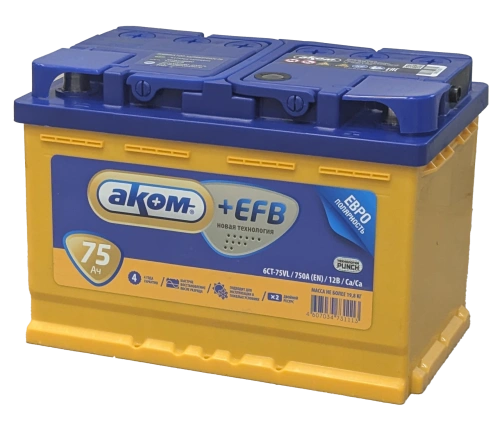 Фото Аккумулятор AKOM EFB 75 Ач, 750 А, 12 v, Обратная R+ (0), DIN L3, B13