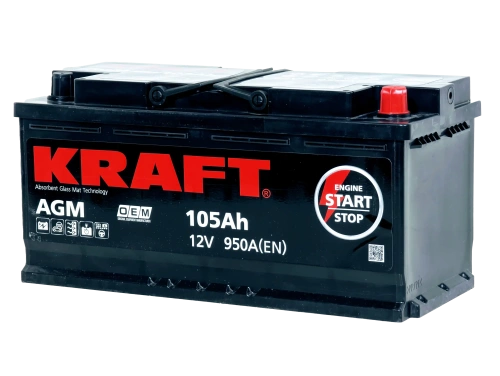 Фото Аккумулятор KRAFT AGM 105 Ач, 950 А, 12 v, Обратная R+ (0), DIN L6, B13