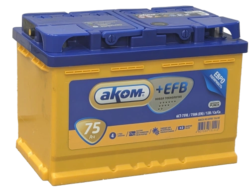 Фото Аккумулятор AKOM EFB 75 Ач, 750 А, 12 v, Обратная R+ (0), DIN L3, B13