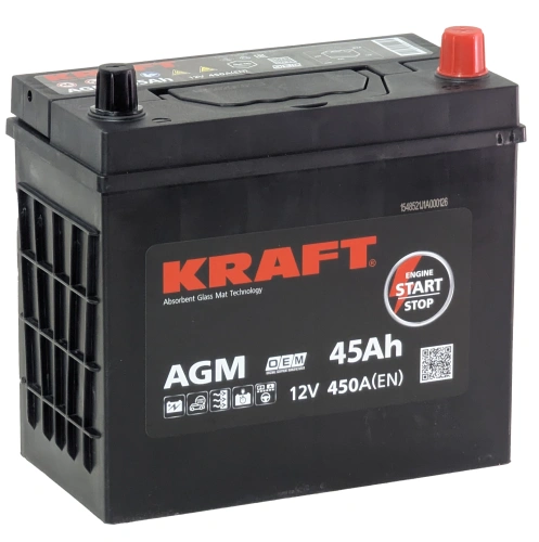Фото Аккумулятор KRAFT AGM 45 Ач, 450 А, 12 v, Обратная R+ (0), JIS B24, B00