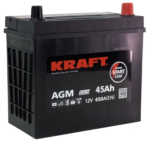 Фото Аккумулятор KRAFT AGM 45 Ач, 450 А, 12 v, Обратная R+ (0), JIS B24, B00