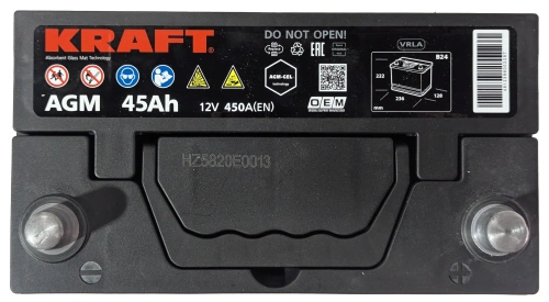 Фото Аккумулятор KRAFT AGM 45 Ач, 450 А, 12 v, Обратная R+ (0), JIS B24, B00