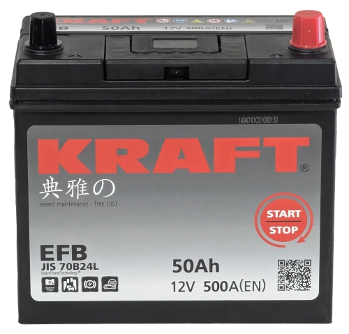 Фото Аккумулятор KRAFT EFB 50 Ач, 500 А, 12 v, Обратная R+ (0), JIS B24