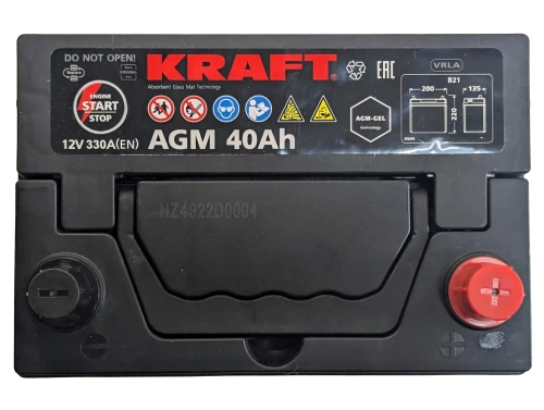 Фото Аккумулятор KRAFT AGM 40 Ач, 330 А, 12 v, Обратная R+ (0), JIS B19, B00