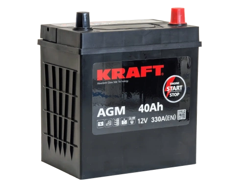 Фото Аккумулятор KRAFT AGM 40 Ач, 330 А, 12 v, Обратная R+ (0), JIS B19, B00