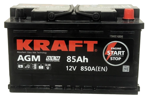 Фото Аккумулятор KRAFT AGM 85 Ач, 850 А, 12 v, Обратная R+ (0), DIN L4, B13