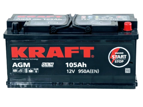 Фото Аккумулятор KRAFT AGM 105 Ач, 950 А, 12 v, Обратная R+ (0), DIN L6, B13