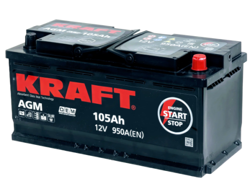 Фото Аккумулятор KRAFT AGM 105 Ач, 950 А, 12 v, Обратная R+ (0), DIN L6, B13