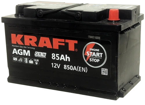 Фото Аккумулятор KRAFT AGM 85 Ач, 850 А, 12 v, Обратная R+ (0), DIN L4, B13