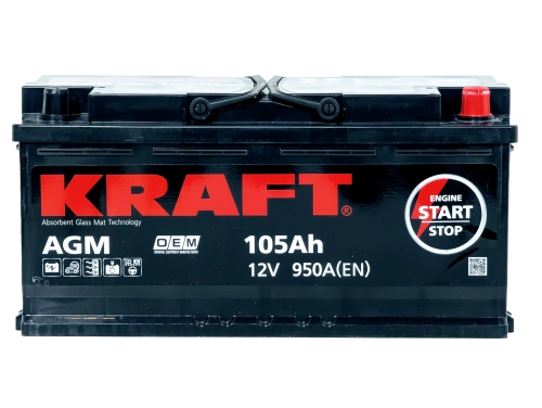 Фото Аккумулятор KRAFT AGM 105 Ач, 950 А, 12 v, Обратная R+ (0), DIN L6, B13