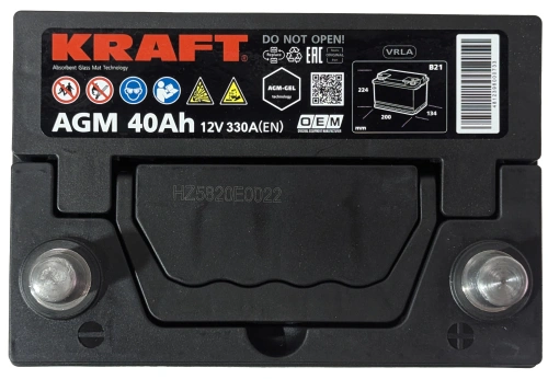 Фото Аккумулятор KRAFT AGM 40 Ач с бортом, 330 А, 12 v, Обратная R+ (0), JIS B19, B00
