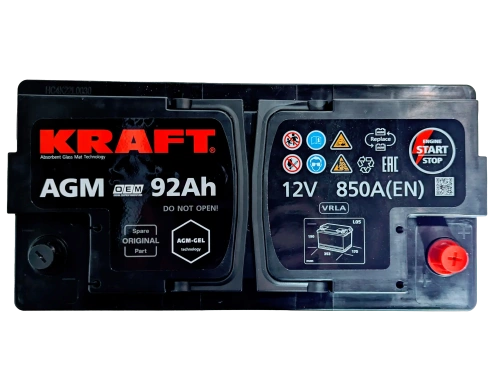 Фото Аккумулятор KRAFT AGM 92 Ач, 850 А, 12 v, Обратная R+ (0), DIN L5, B13