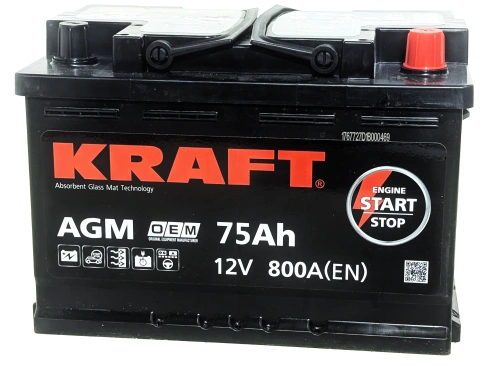 Фото Аккумулятор KRAFT AGM 75 Ач, 800 А, 12 v, Обратная R+ (0), DIN L3, B13