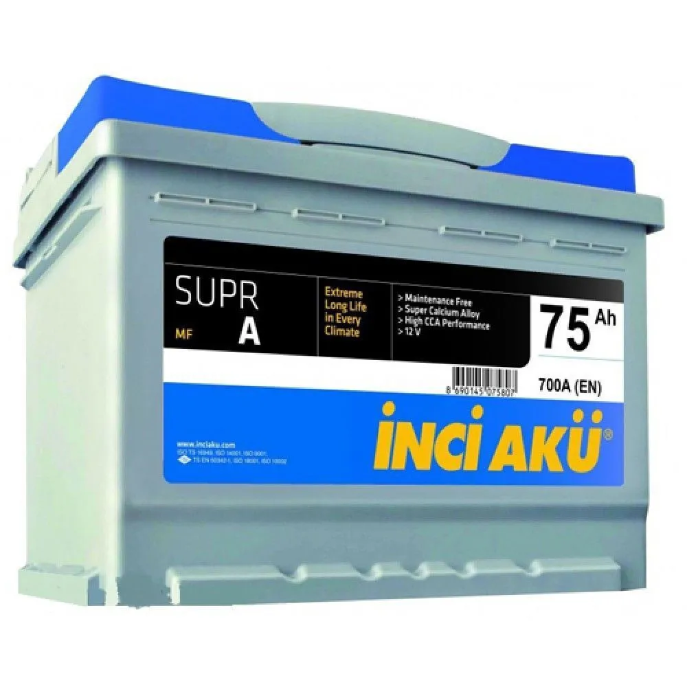 Аккумулятор INCI AKU Supra 75 Ач, 700 А, 12 v, Обратная R+ (0), DIN LB3, B13