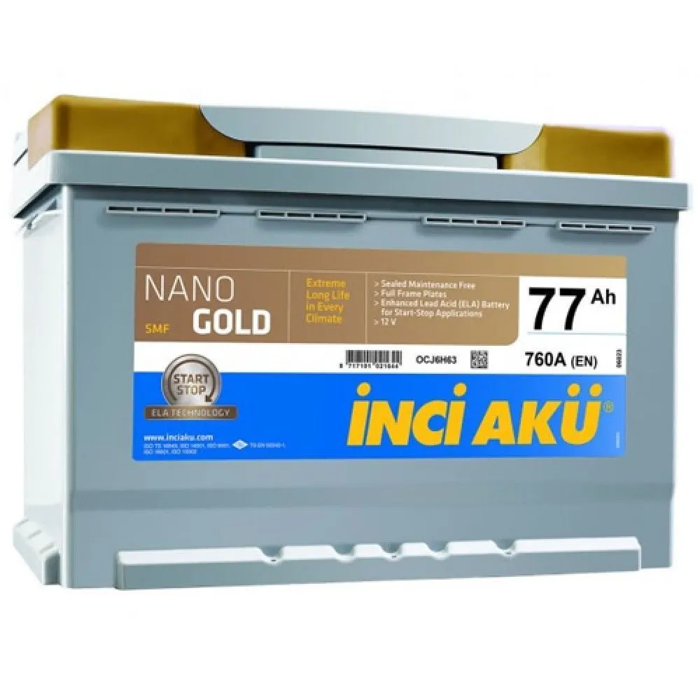 Аккумулятор INCI AKU Nano Gold 77 Ач, 760 А, 12 v, Обратная R+ (0), DIN L3, B13