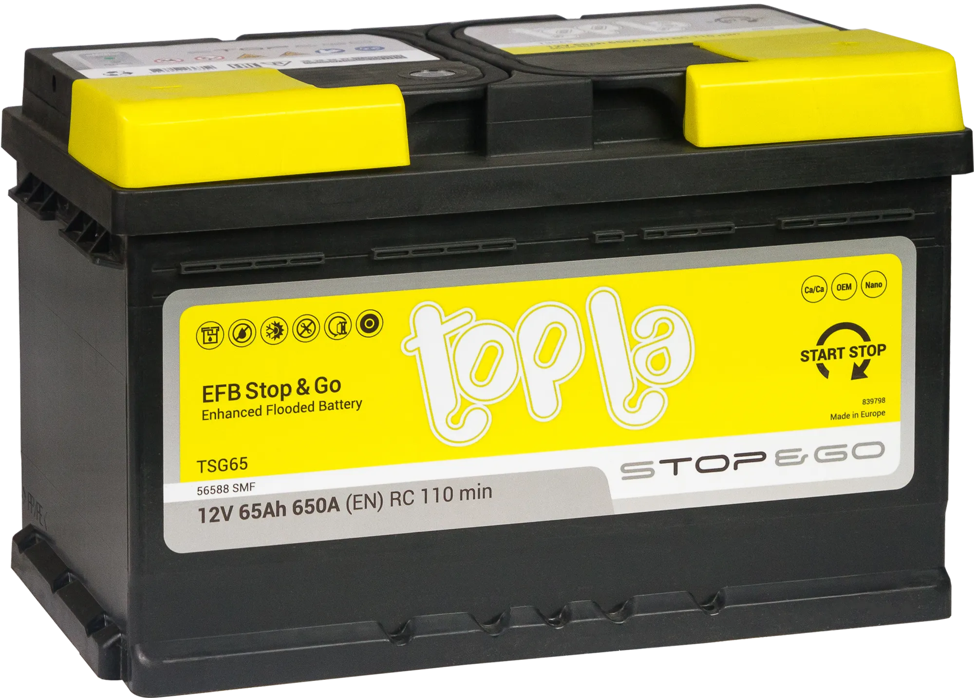 Аккумулятор TOPLA Stop&Go EFB 65 Ач, 650 А, 12 v, Обратная R+ (0), DIN LB3, B13