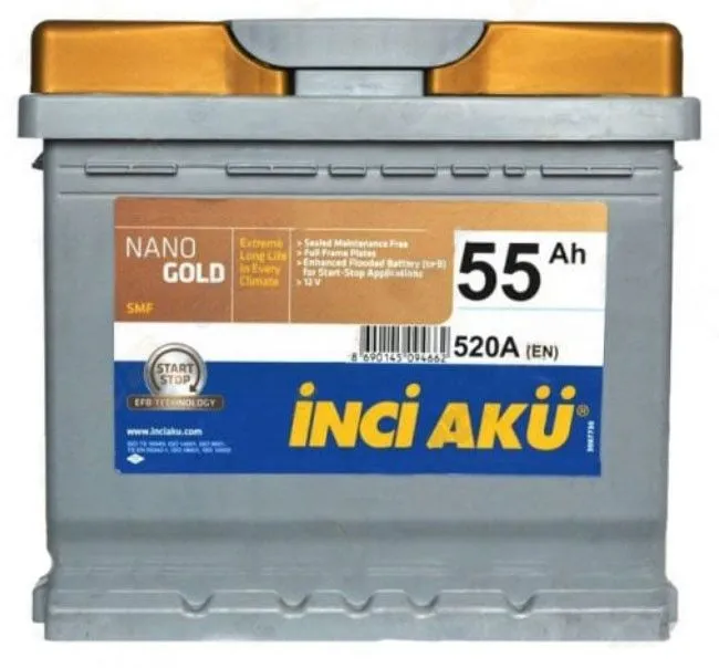 Аккумулятор INCI AKU Nano Gold 55 Ач, 510 А, 12 v, Обратная R+ (0), DIN L1, B13