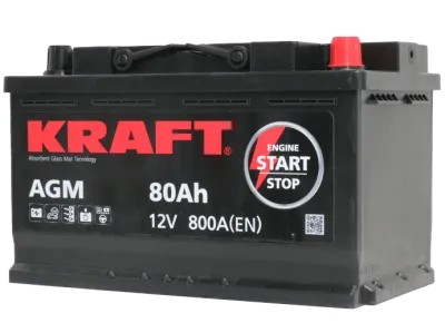 Аккумулятор KRAFT AGM 80 Ач, 800 А, 12 v, Обратная R+ (0), DIN L4, B13