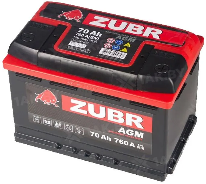 Аккумулятор ZUBR AGM 70 Ач, 760 А, 12 v, Обратная R+ (0), DIN L3, B13