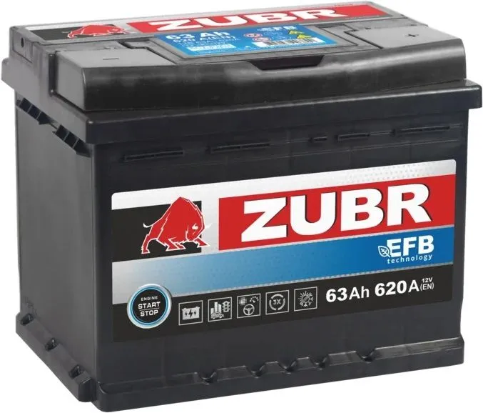 Аккумулятор ZUBR EFB 63 Ач, 620 А, 12 v, Обратная R+ (0), DIN L2, B13