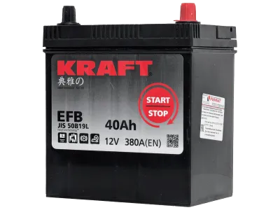 Аккумулятор KRAFT EFB 40 Ач, 380 А, 12 v, Обратная R+ (0), JIS B19, B00