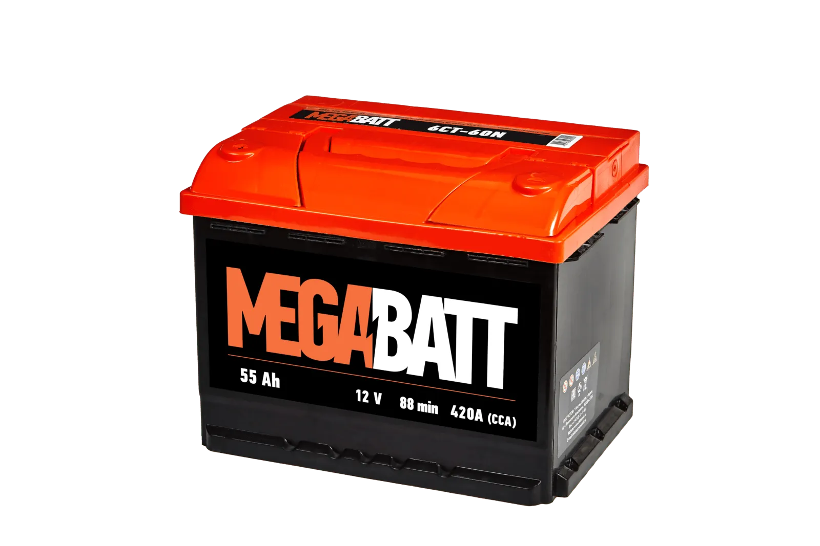 Аккумулятор MEGA BATT 55 Ач, 420 А, 12 v, Обратная R+ (0), DIN L2, B13