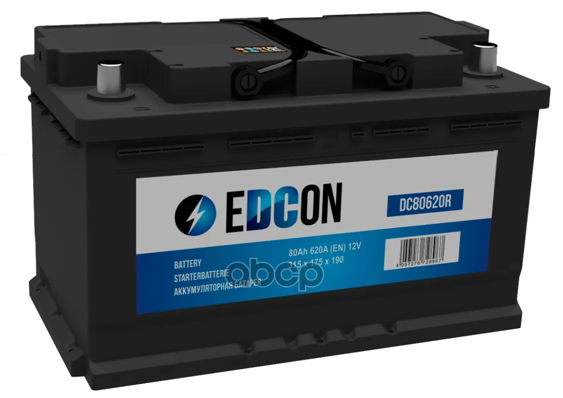 Аккумулятор EDCON 80 Ач, 740 А, 12 v, Обратная R+ (0), DIN LB4, B13