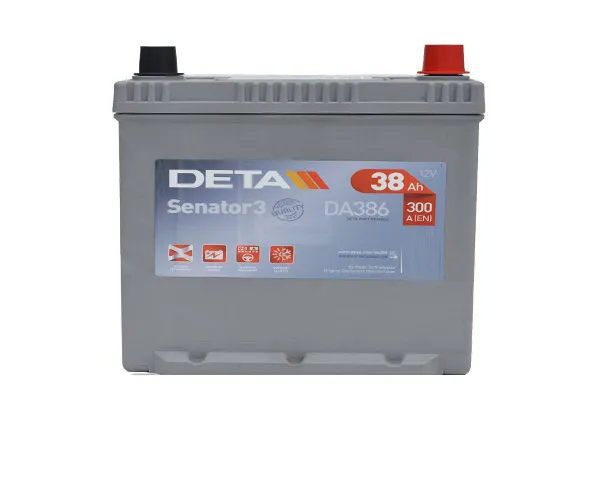 Аккумулятор DETA Senator 3 38 Ач, 300 А, 12 v, Обратная R+ (0), JIS B19, B00